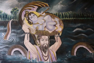 Gokul的画作：Vasudeva将克里希纳作为婴儿抱过亚穆纳河。印度 作者 不明