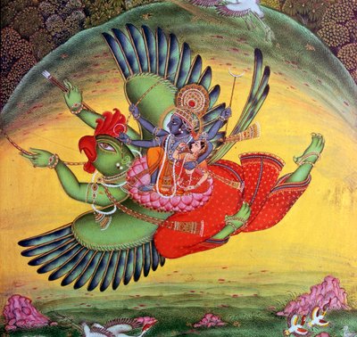 毗湿奴和他的妃子拉克什米骑在鸟神迦楼罗身上的画。 作者 不明