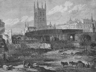 位于Southwark的圣托马斯医院遗址的一部分，已被清理作铁路用途，c1862， 作者 不明