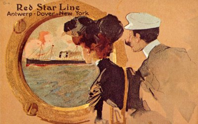看通过舷窗的乘客在红星远洋班轮，c1900上。 作者 不明