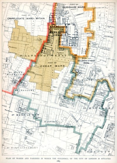 伦敦市市政厅所在的病房和教区平面图，1886年 作者 不明