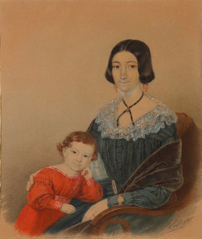 玛丽亚·普罗霍罗夫娜·克里夫佐娃与儿子亚历山大的肖像，1841年 作者 不明