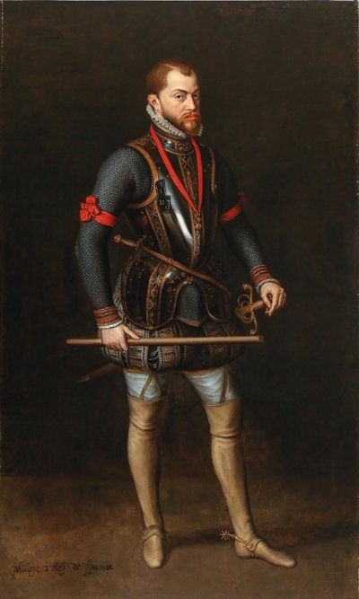 1527-1598年，西班牙国王菲利普二世的肖像，身穿盔甲，佩戴金羊毛勋章。 作者 不明