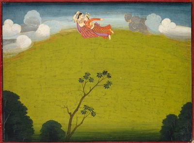 Pradyumna和Mayavati从大型Basohli Bhagavata Purana飞到Dvaraka，c。 1760-1765。 作者 不明