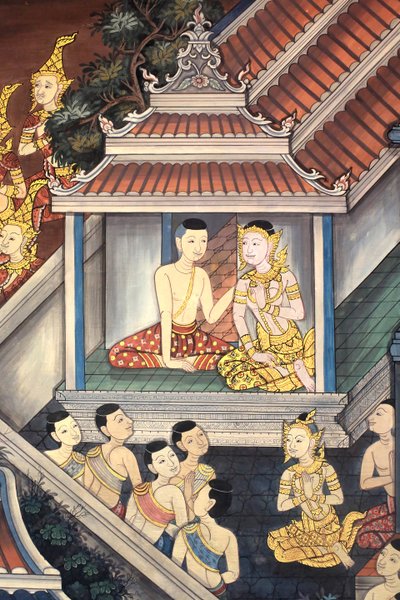 罗摩王子和西塔。 从拉玛三世国王时代起，维哈拉内墙上的壁画细节描绘了拉玛基安。 Wat Pho - Wat Phra Chettuphon。 1788. 曼谷。 泰国 作者 不明