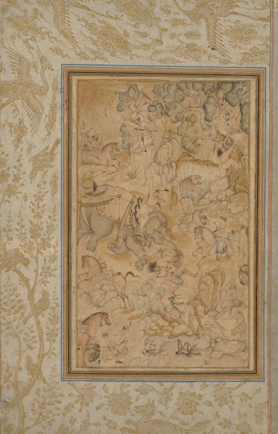 王子在岩石景观中狩猎，c。 1580-85，添加了边框c。 1700年代。 作者 不明
