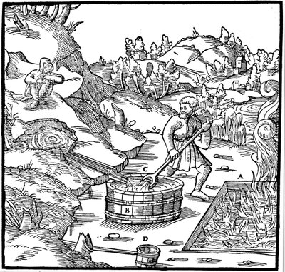 通过将天然盐水倒入燃烧的木炭坑中来生产盐，1556年 作者 不明
