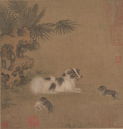 小狗在棕榈树和花园岩石旁玩耍，15世纪。 作者 不明