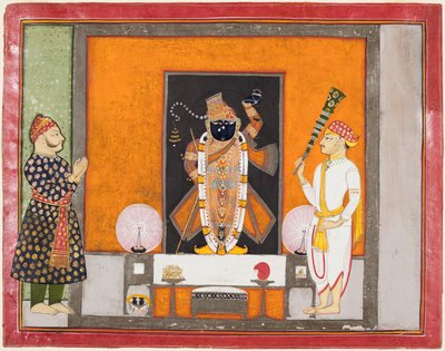 拉贾·拉姆·辛格（Raja Ram Singh）敬拜克里希纳（Krishna）为新郎布里（Brij Nathji），c。 1820年。 作者 不明