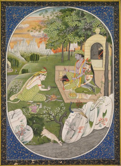 罗摩（Rama），西塔（Sita）和拉克萨玛娜（Lakshmana）在森林中，摘自上帝罗摩衍那故事（Ramayana Tales）。 1830年。 作者 不明