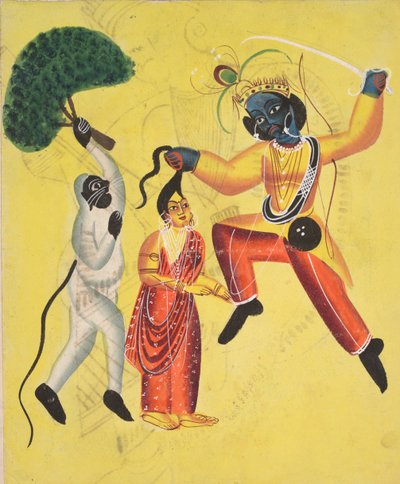 拉玛和哈努曼（Rama and Hanuman）抱着一棵连根拔起的树，拯救了西塔（Sita），1800年代。 作者 不明