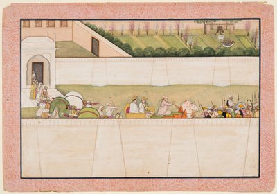 拉玛斯兄弟巴拉塔（Rharas Brothers Bharata）和沙特鲁纳（Shatrughna）从阿约提亚（Ayodhya）出发，找到拉玛（Rama）和拉克斯玛娜（Lakshmana），1775-80年。 作者 不明