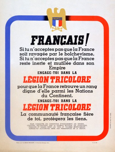 1942年，维希·法国·莱昂·三色（Vichy FrenchLégionTricolore）的招聘海报 作者 不明