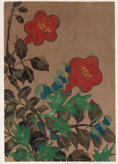 红色和蓝色的花和叶子，江户时期，1615-1868。 作者 不明