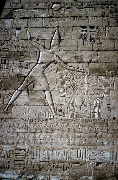 拉美西斯三世镇压敌人的浮雕，拉美西斯三世陵墓庙，Medinat Habu，约公元前1200年 作者 不明