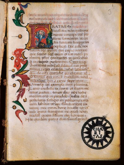 圣杰罗姆（347-420）的形象，取自 "Opuscola theologica "的彩绘页。 作者 不明