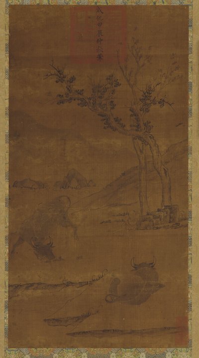 河流景观：两头水牛和一个打盹的牧童，1368-1644。 作者 不明