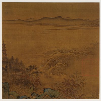 河流景观：一座佛塔，发泡的激流，远处的山丘，明朝，1368-1644年。 作者 不明
