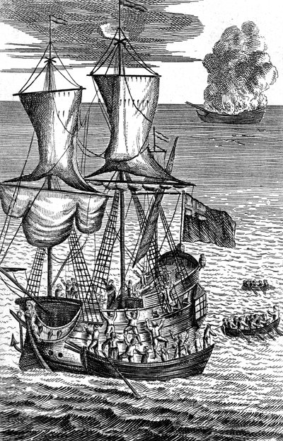 鲁滨逊·克鲁索（Robinson Crusoe）在海上救助了船员着火，c1719 作者 不明