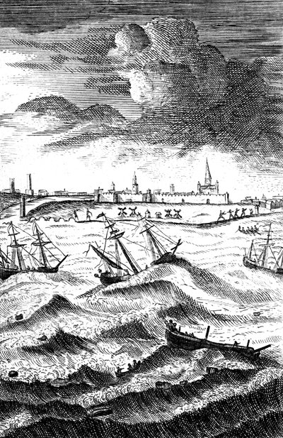 鲁滨逊·克鲁索（Robinson Crusoe）在雅茅斯（Yarmouth）遇难，大约1717年 作者 不明