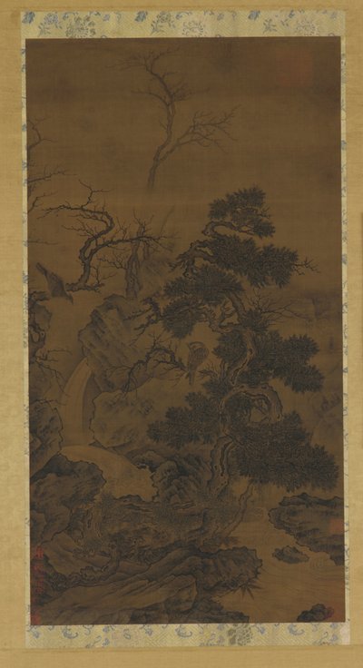 岩石、树木、小溪和鹰，14世纪。 作者 不明