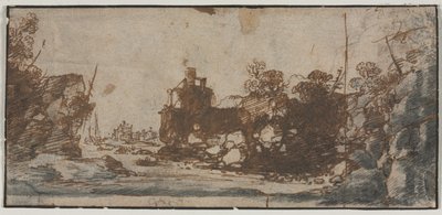 岩石入口与船和建筑物直立，城堡草图反面，1600年代。 作者 不明