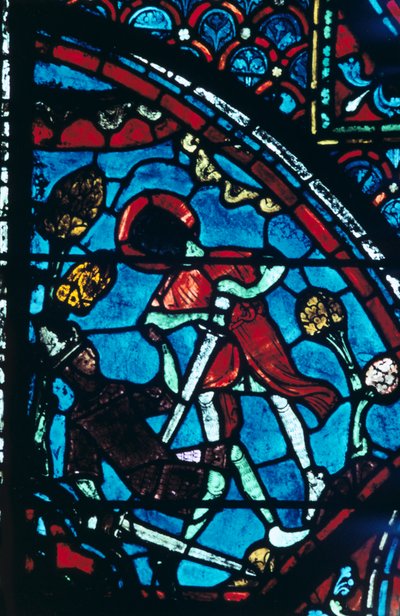 罗兰（Roland）在沙特尔大教堂（Chartres Cathedral）的彩色玻璃中刺穿肚脐上的巨型Ferragut，1194-1260 作者 不明