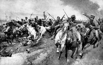 俄国哥萨克人攻击东德普鲁士的德国军队，第一次世界大战，1914年 作者 不明