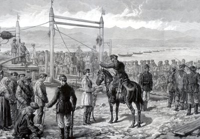 1882年，在军事陪同下的俄罗斯罪犯等待渡过西伯利亚叶尼塞河 作者 不明
