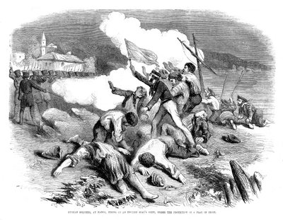 1855年，俄罗斯士兵在休战旗的保护下向英国船员开火 作者 不明