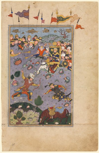 鲁斯塔姆（Rustam）从《菲尔道西王记》（Shah-nama Book of Firdausi）... c1590-1600中应对《阿什卡布斯》（Ashkabus）的挑战。 作者 不明