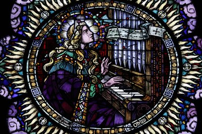 Saint-Pierre le Jeune Catholic Church. Rose window. Sancta Cecilia, the musicians