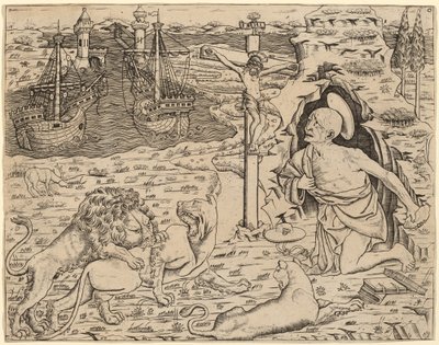 忏悔中的圣杰罗姆，与港口中的两艘船，约1480-1500年。 作者 不明
