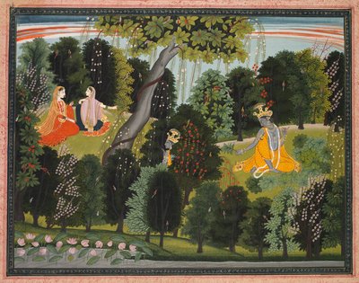 Sakhi说服Radha与Lambagraon Gita Govinda的Krishna会面...，c。 1820年至1825年。 作者 不明