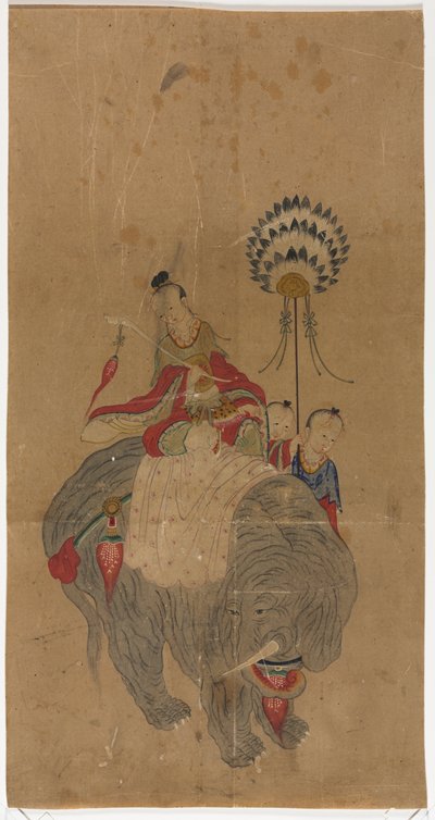 1392-1910年的大象与两个服务员上的普贤菩萨。 作者 不明