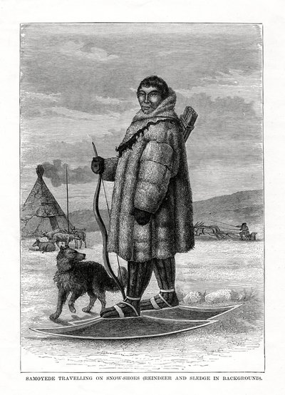 萨摩耶德（Samoyede）乘雪鞋旅行，俄罗斯，1877年 作者 不明