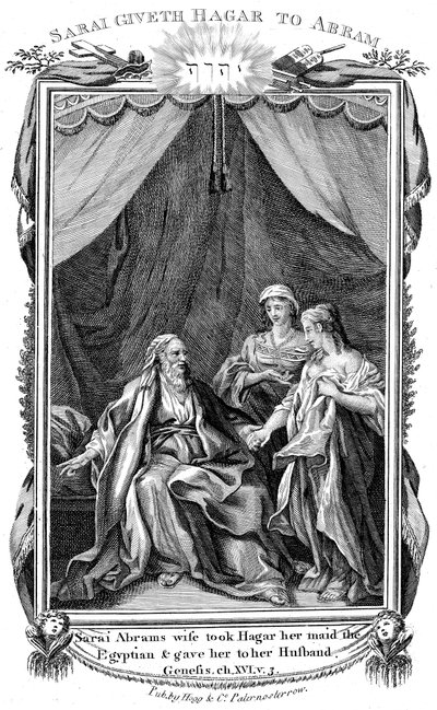 亚伯拉罕的妻子莎拉（Sarah）贫瘠，将女仆哈加（Hagar）交给丈夫c1804 作者 不明