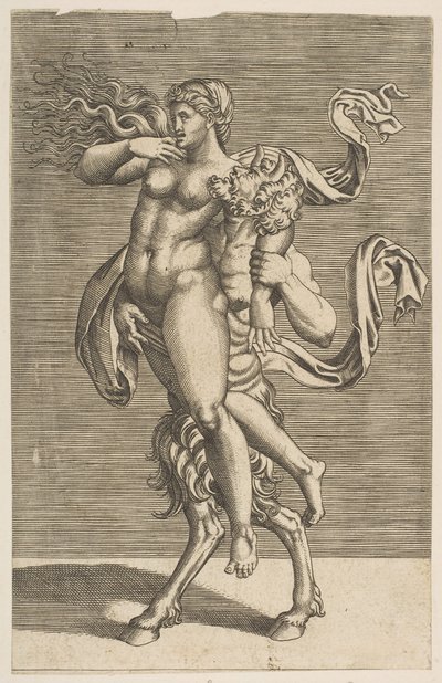 萨特（Satyr）举着若虫，约束她的右臂，约。 1515-1600。 作者 不明