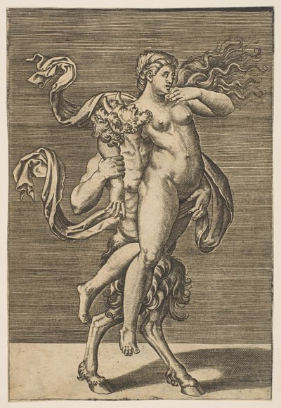 萨特（Satyr）举着若虫，约束她的右臂，约。 1515-1600。 作者 不明