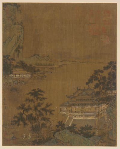 学者到达河边亭，明朝，15世纪。 作者 不明