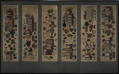 学者书籍和餐具彩绘。 19世纪中期的六节屏风。 作者 不明