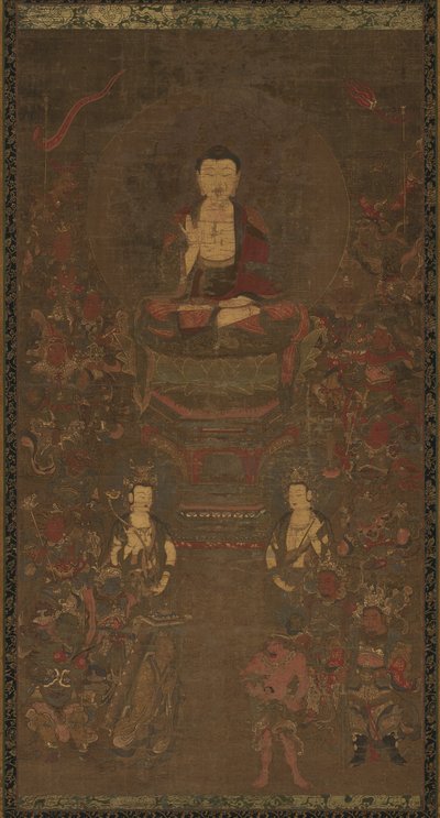 释迦牟尼三合会与1300年代的大智慧佛经的十六个保护者。 作者 不明