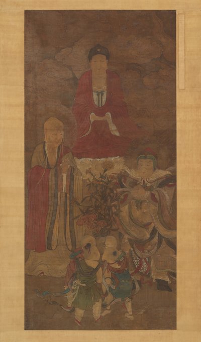 释迦牟尼与罗汉、天王和男孩，17世纪初。 作者 不明