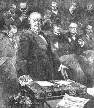威廉·哈科特爵士（Sir William Harcourt）宣布罗斯伯里斯勋爵（Lord Roseberys）政府辞职，1895年，1901年。 作者 不明