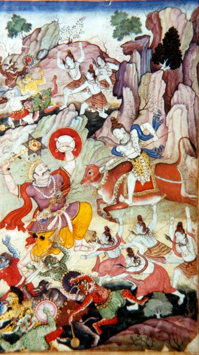 湿婆消灭恶魔和哈卡，Harivamsa手稿，莫卧儿学校，约1590年 作者 不明