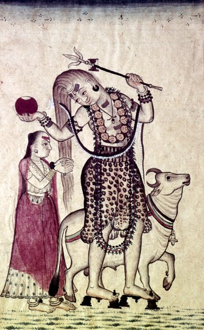 湿婆，后面跟着他的妃子帕尔瓦蒂，和公牛南迪一起走，约1730年。   作者 不明