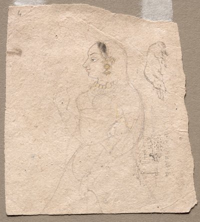 一个女人与一头大象和其他动物，1700年代的素描。 作者 不明