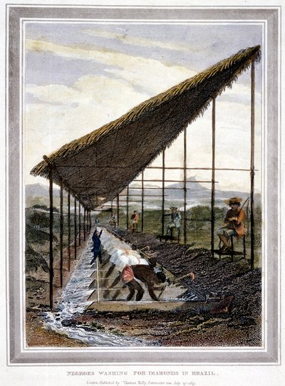 1815年，巴西，拿着鞭子的监督员看守着清洗钻石的奴隶。 作者 不明
