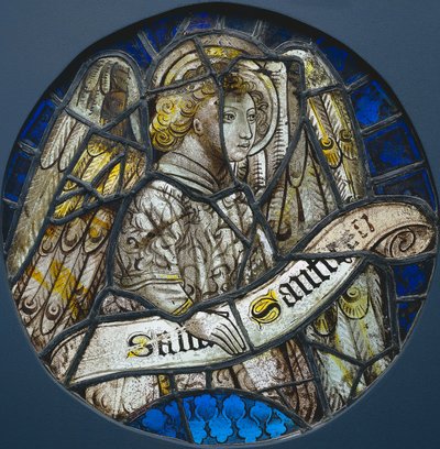 彩绘玻璃圆杯和天使拿着卷轴，c。 1425-1450。 作者 不明