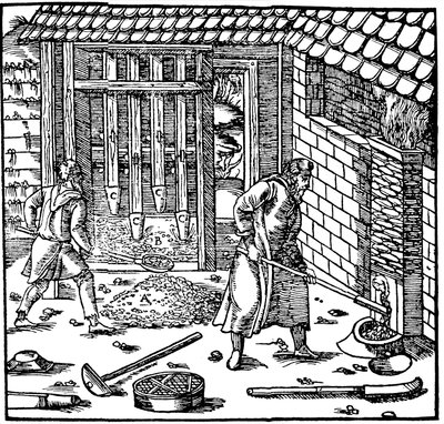 冲压和焙烧矿石以提取金属，1556年 作者 不明